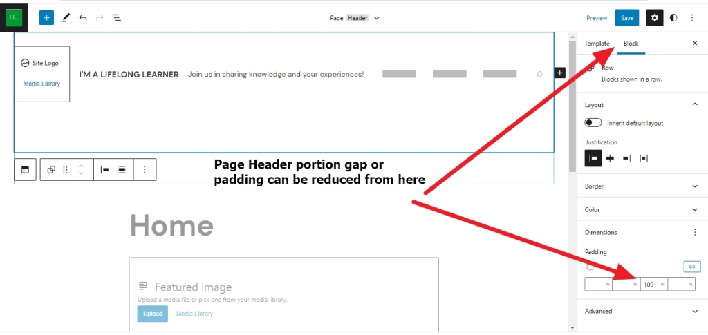 Page Header Gap reduce using Gutenberg Editor